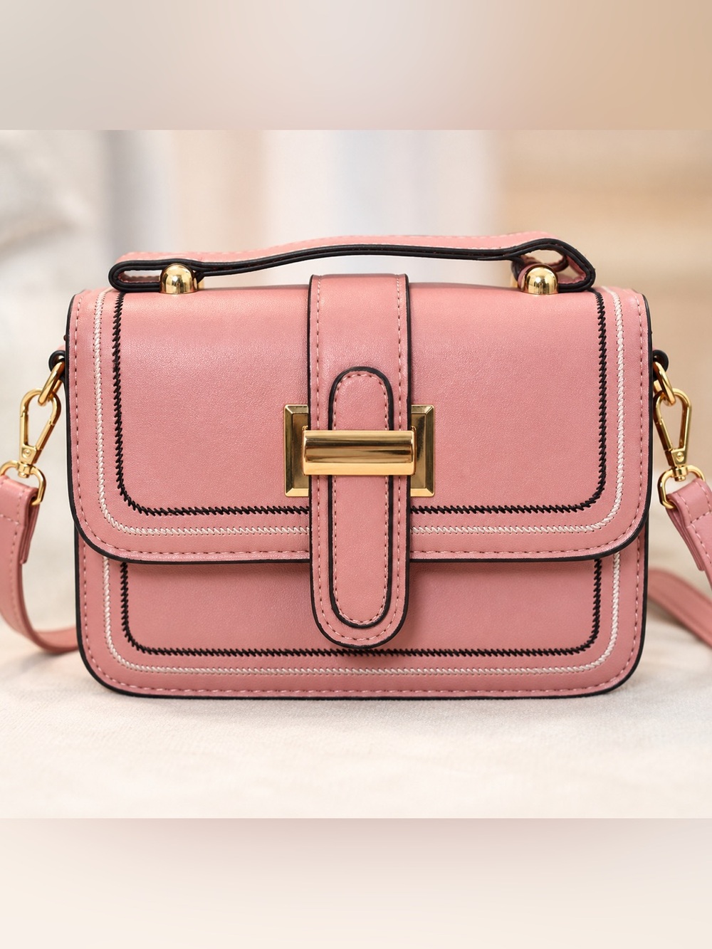Blush Pink Structured Crossbody Satchel Gold Hardware Top Handle Purse NWT